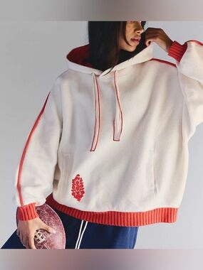 Free People Reset Fleece Hoodie red white oversized pullover size M/L